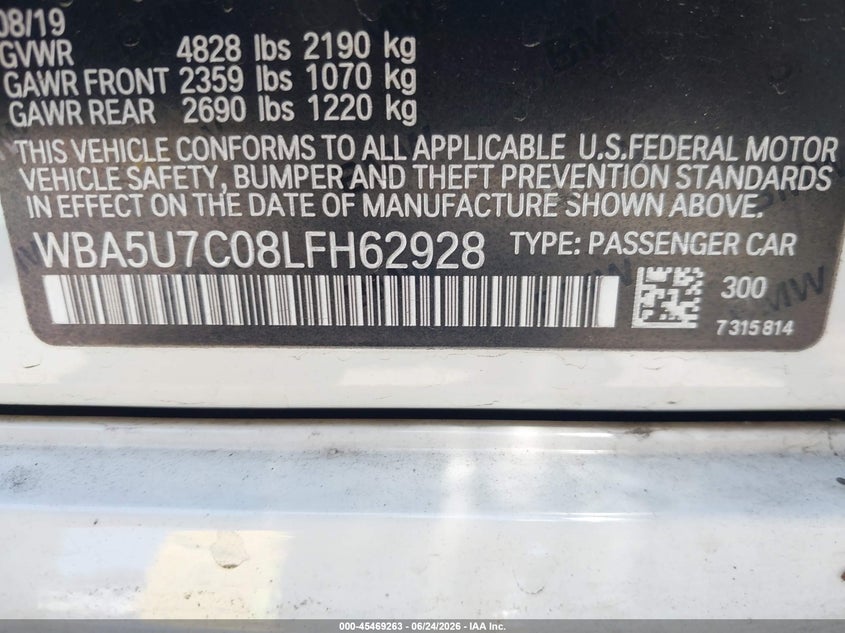 2020 BMW VIN WBA5U7C08LFH62928 IAAI salvage auction — REAR END, Salvage Title, sold $11,500 on 2026-07-19 (photo 9)