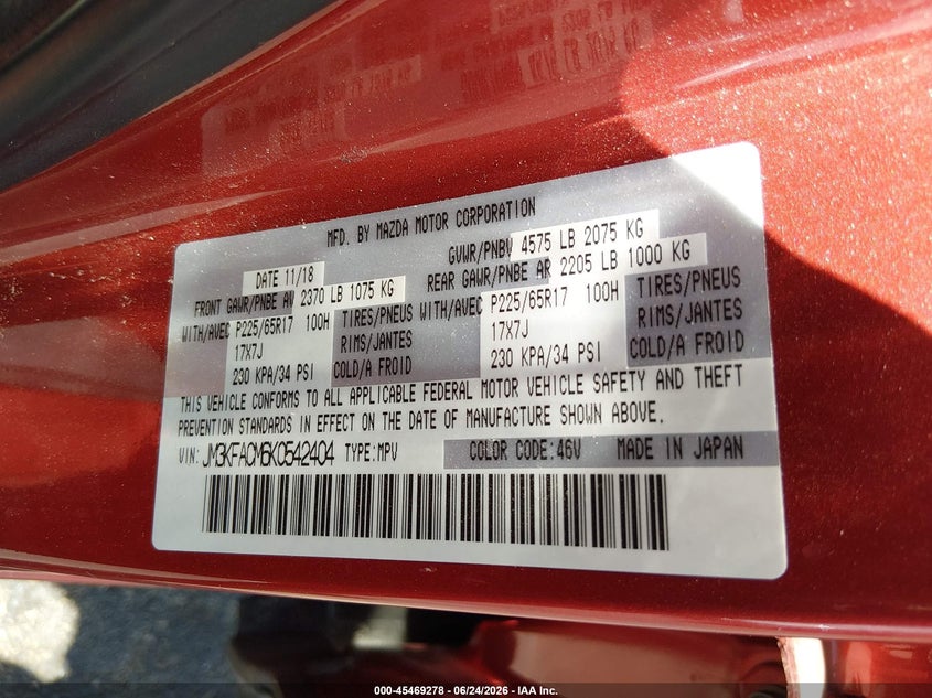 2019 Mazda Cx-5 VIN JM3KFACM6K0542404 IAAI salvage auction — ROOF, Salvage Title, sold $4,600 on 2026-07-17 (photo 9)