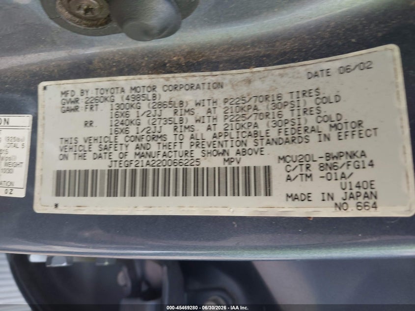 2002 Toyota Highlander VIN JTEGF21A220066225 IAAI salvage auction — SIDE, Salvage (North Carolina), sold $225 on 2026-07-30 (photo 9)