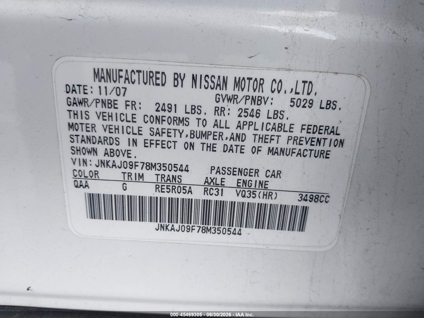 2008 Infiniti Ex35 VIN JNKAJ09F78M350544 IAAI salvage auction — NORMAL WEAR, Clear (Michigan), sold $400 on 2026-07-09 (photo 9)