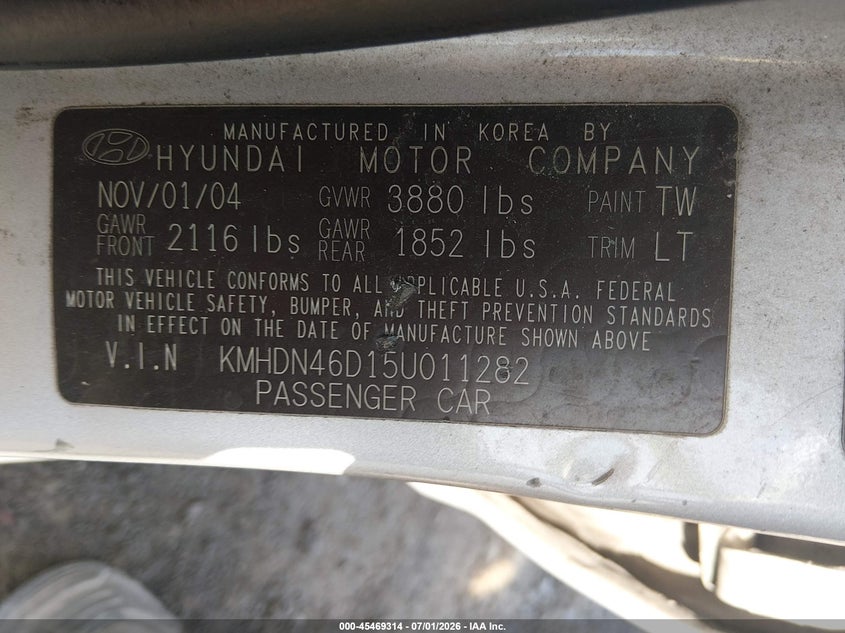 2005 Hyundai Elantra VIN KMHDN46D15U011282 IAAI salvage auction — NORMAL WEAR, Clear (Tennessee), sold $400 on 2026-07-23 (photo 9)