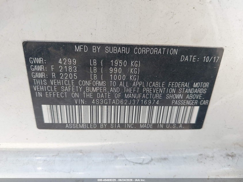 2018 Subaru Impreza VIN 4S3GTAD62J3716974 IAAI salvage auction — FRONT END, Salvage Title, sold $2,250 on 2026-07-28 (photo 9)