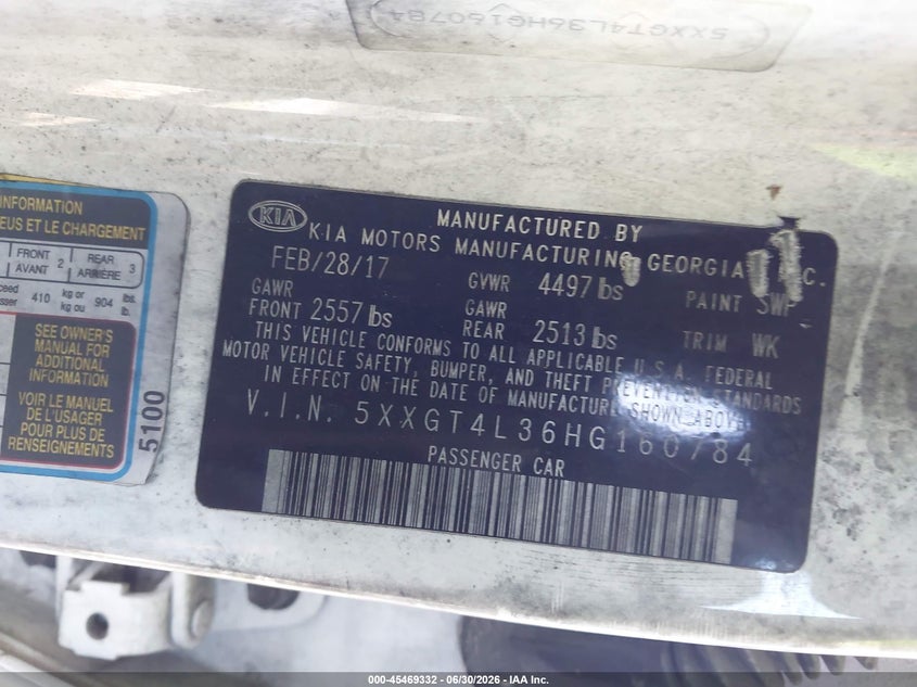 2017 Kia Optima VIN 5XXGT4L36HG160784 IAAI salvage auction — THEFT, Salvage Title, sold $25 on 2026-07-30 (photo 9)