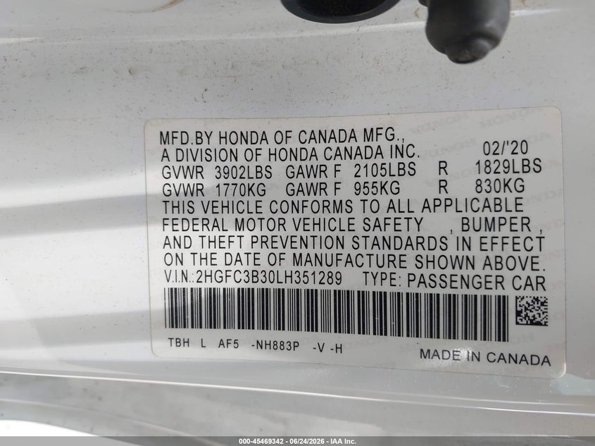 2020 Honda Civic VIN 2HGFC3B30LH351289 IAAI salvage auction — RIGHT FRONT, Salvage (Texas), sold $5,050 on 2026-07-22 (photo 9)