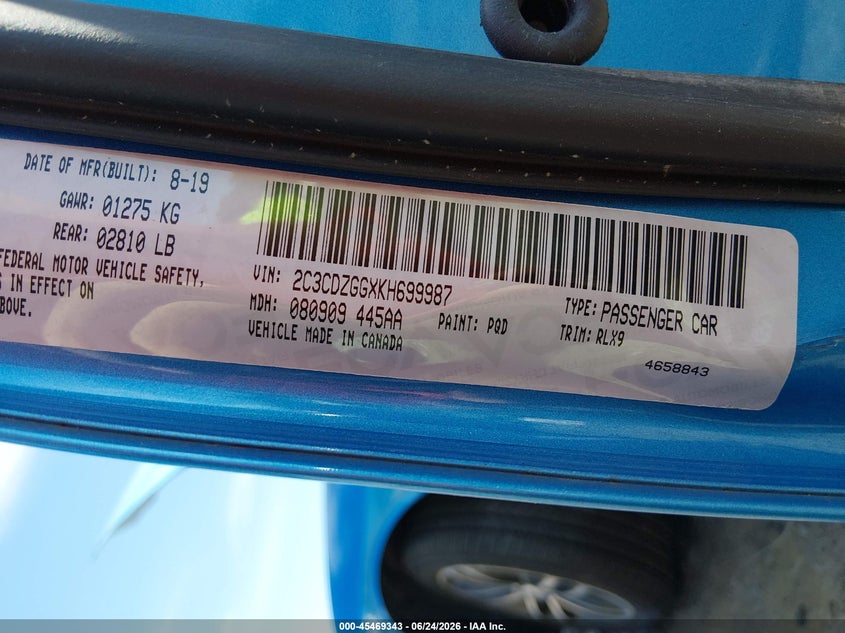 2019 Dodge Challenger VIN 2C3CDZGGXKH699987 IAAI salvage auction — LEFT SIDE, Salvage (West Virginia), sold $3,100 on 2026-07-23 (photo 9)