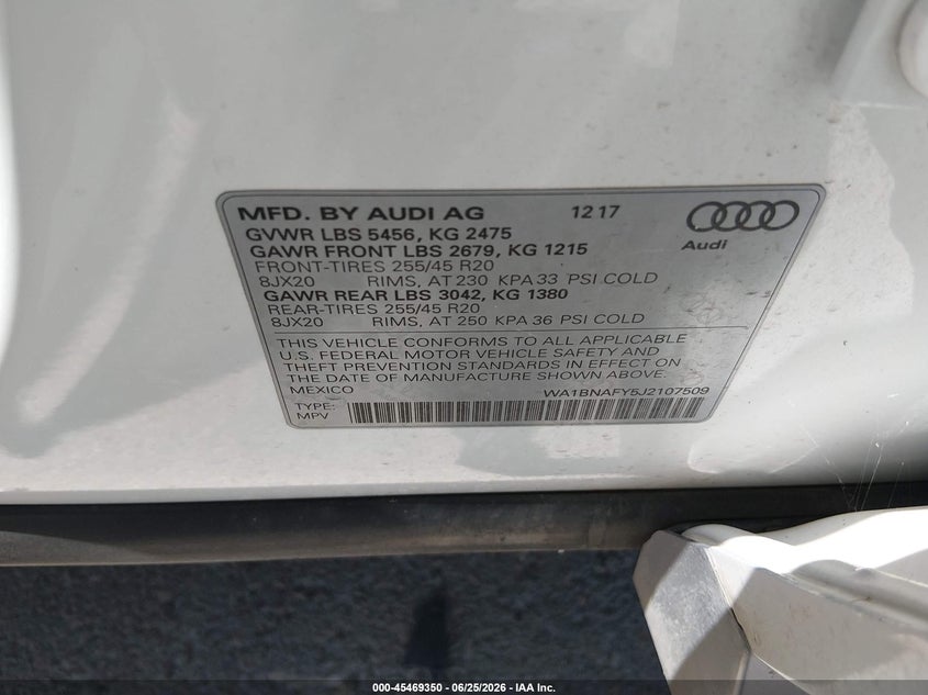 2018 Audi Q5 VIN WA1BNAFY5J2107509 IAAI salvage auction — FRONT END, Salvage (Texas), sold $7,000 on 2026-07-15 (photo 9)