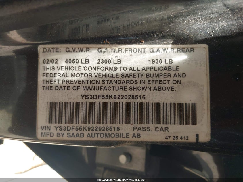 2002 Saab 9-3 VIN YS3DF55K922028516 IAAI salvage auction — NORMAL WEAR, Clear (Alabama), sold $100 on 2026-07-14 (photo 9)