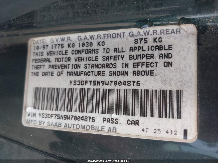 1998 Saab 900 VIN YS3DF75N9W7004876 IAAI salvage auction — NORMAL WEAR, Clear (Alabama), sold $100 on 2026-07-14 (photo 9)