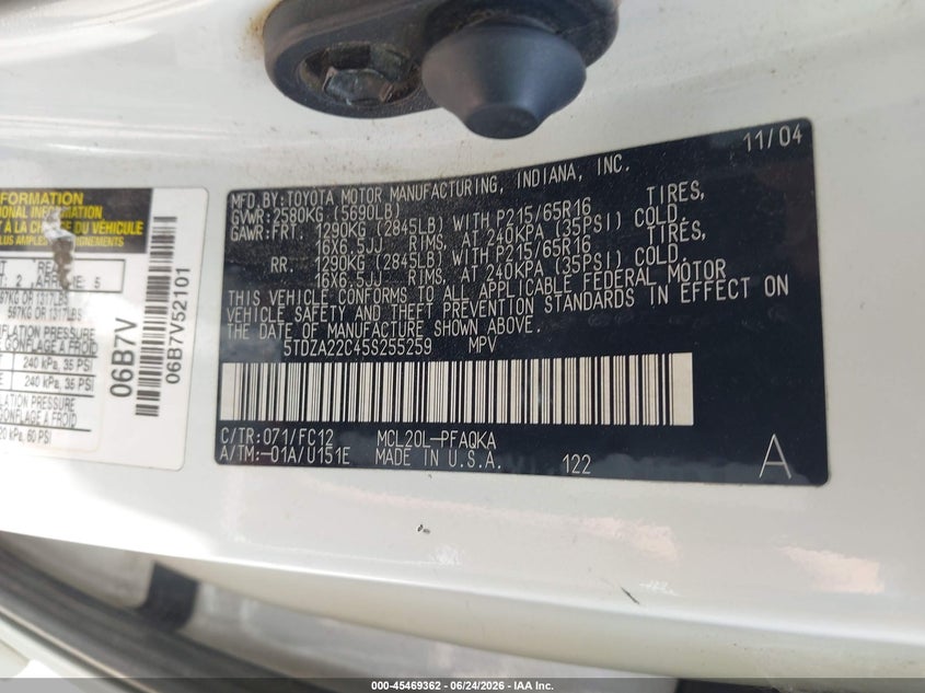2005 Toyota Sienna VIN 5TDZA22C45S255259 IAAI salvage auction — NORMAL WEAR, Original (Texas), sold $950 on 2026-07-28 (photo 9)