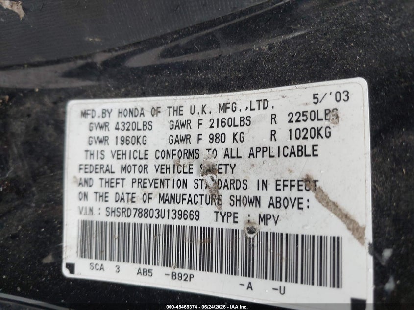 2003 Honda Cr-v VIN SHSRD78803U139669 IAAI salvage auction — FRONT END, Clear (Indiana), sold $450 on 2026-07-28 (photo 9)