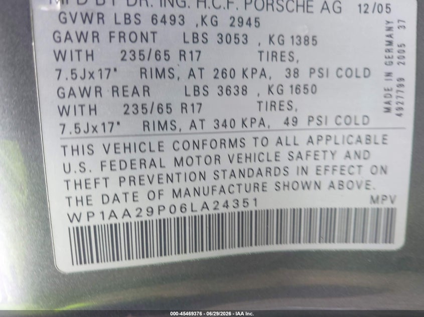 2006 Porsche Cayenne VIN WP1AA29P06LA24351 IAAI salvage auction — RIGHT SIDE, Salvage (Delaware), sold $1,700 on 2026-07-29 (photo 9)
