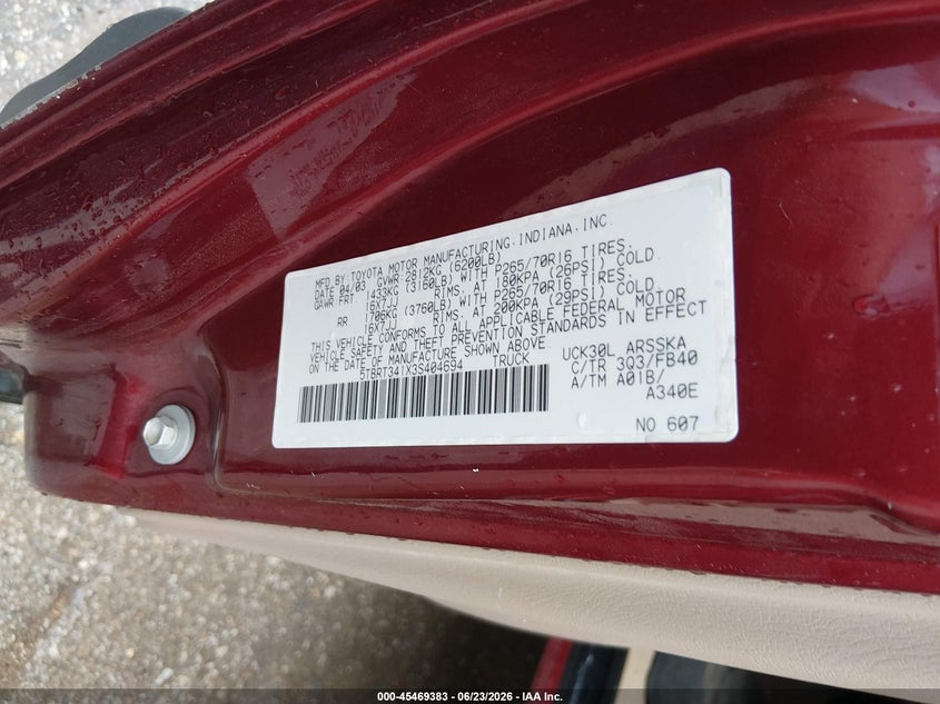 2003 Toyota Tundra VIN 5TBRT341X3S404694 IAAI salvage auction — HAIL, Clear (Kansas), sold $2,050 on 2026-07-31 (photo 9)