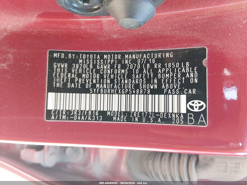2016 Toyota Corolla VIN 5YFBURHEXGP548878 IAAI salvage auction — FRONT & REAR, Salvage Title, sold $25 on 2026-07-29 (photo 9)