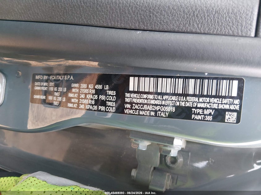 2017 Jeep Renegade VIN ZACCJBAB2HPG05018 IAAI salvage auction — HAIL, Clear (Missouri), sold $2,125 on 2026-08-10 (photo 9)