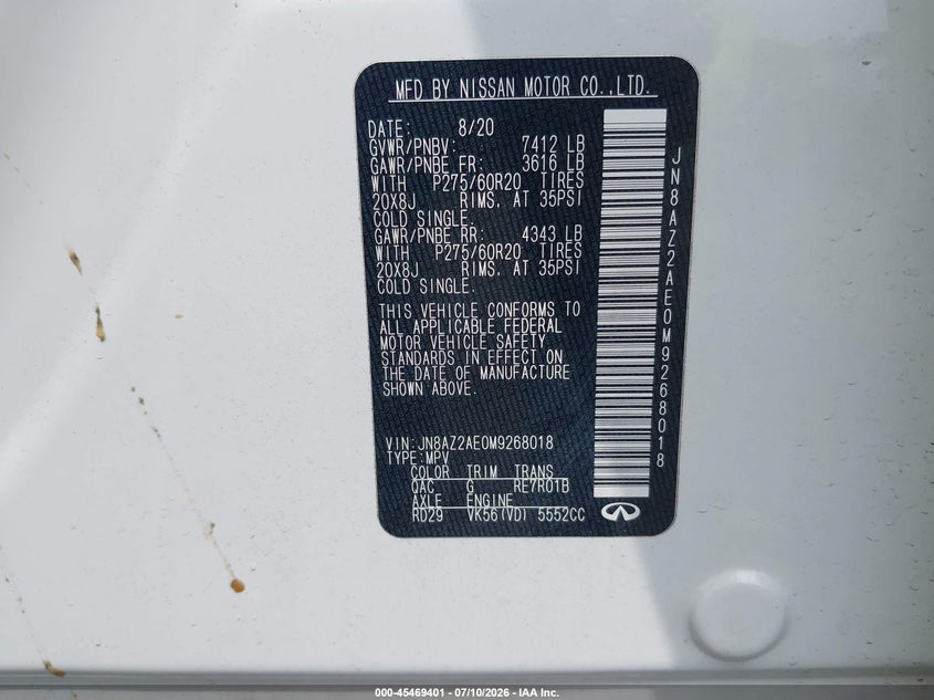 2021 Infiniti Qx80 VIN JN8AZ2AE0M9268018 IAAI salvage auction — UNKNOWN, Salvage (Pennsylvania), sold $2,150 on 2026-07-11 (photo 9)
