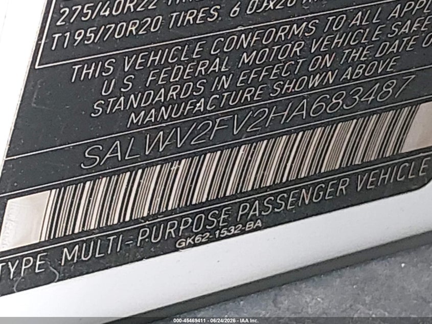 2017 Land rover Range rover sport VIN SALWV2FV2HA683487 IAAI salvage auction — NORMAL WEAR, Original (Texas), sold $9,075 on 2026-07-15 (photo 9)