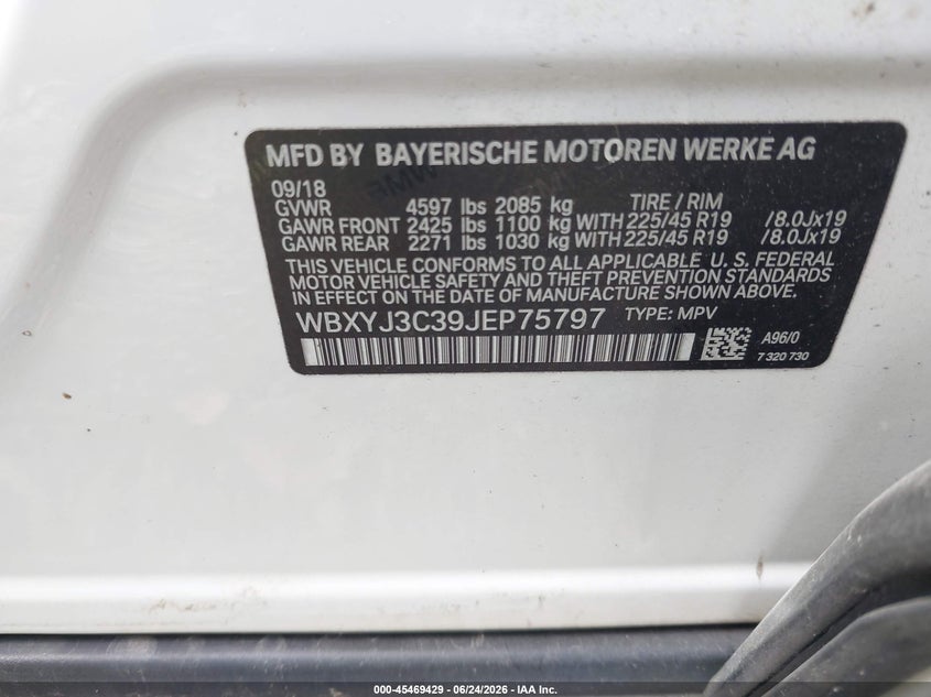 2018 BMW X2 VIN WBXYJ3C39JEP75797 IAAI salvage auction — FRONT END, Salvage Title, sold $1,550 on 2026-07-15 (photo 9)