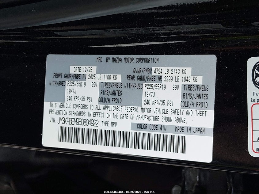 2025 Mazda Cx-5 VIN JM3KFBEM9S0804922 IAAI salvage auction — FRONT END, Non-Repairable (Texas), sold $25 on 2026-07-29 (photo 9)