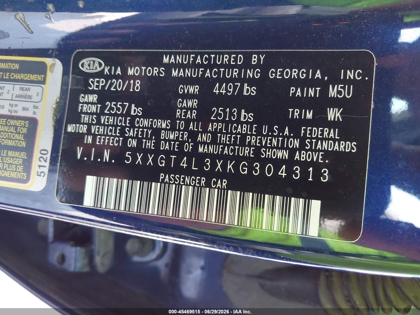 2019 Kia Optima VIN 5XXGT4L3XKG304313 IAAI salvage auction — FRONT END, Certificate Of Title (Nebraska), sold $1,950 on 2026-08-01 (photo 9)