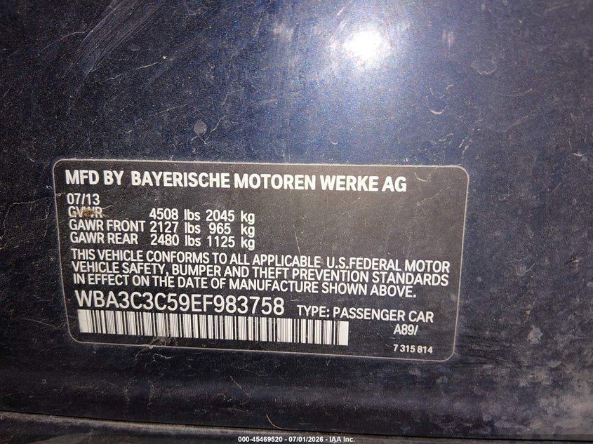2014 BMW 3er VIN WBA3C3C59EF983758 IAAI salvage auction — FRONT END, Salvage (Idaho), sold $500 on 2026-08-07 (photo 9)