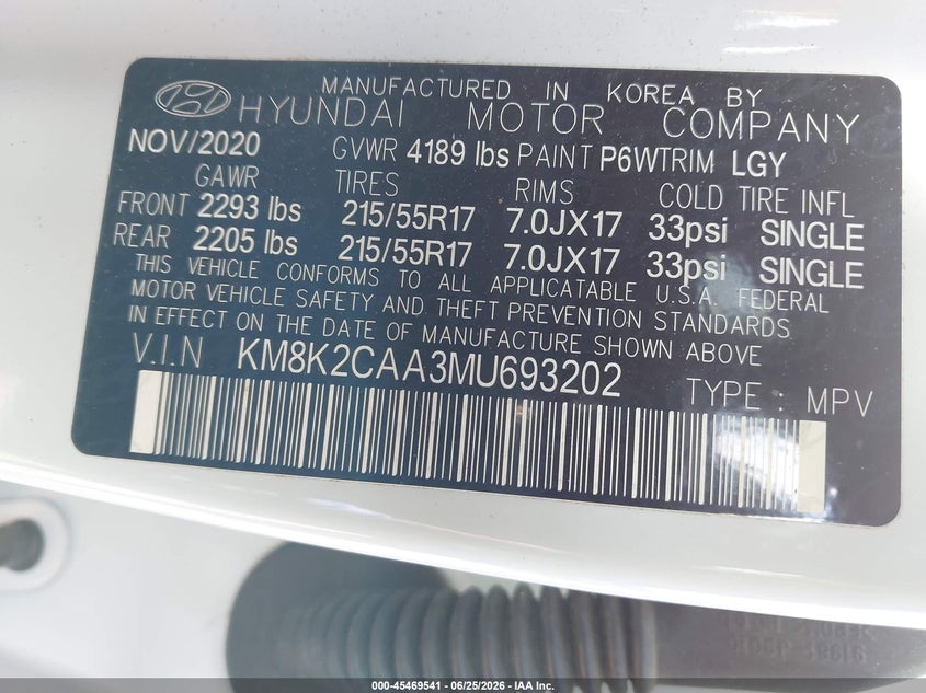 2021 Hyundai Kona VIN KM8K2CAA3MU693202 IAAI salvage auction — FRONT END, Mv-907A (New York), sold $600 on 2026-07-28 (photo 9)