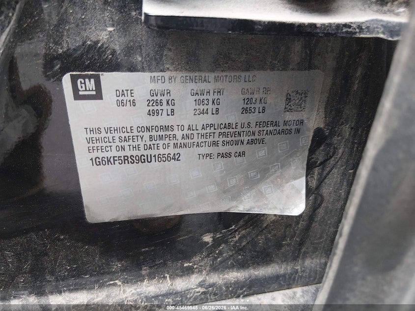 2016 Cadillac Ct6 VIN 1G6KF5RS9GU165642 IAAI salvage auction — RIGHT FRONT, Salvage (Illinois), sold $3,850 on 2026-08-25 (photo 9)