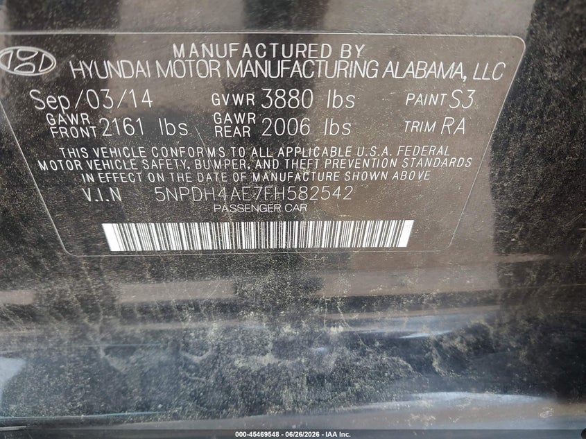 2015 Hyundai Elantra VIN 5NPDH4AE7FH582542 IAAI salvage auction — REAR END, Clear (Virginia), sold $300 on 2026-07-09 (photo 9)