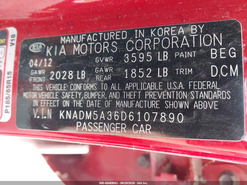 2013 Kia Rio VIN KNADM5A36D6107890 IAAI salvage auction — NORMAL WEAR, Clear (Virginia), sold $275 on 2026-07-21 (photo 9)
