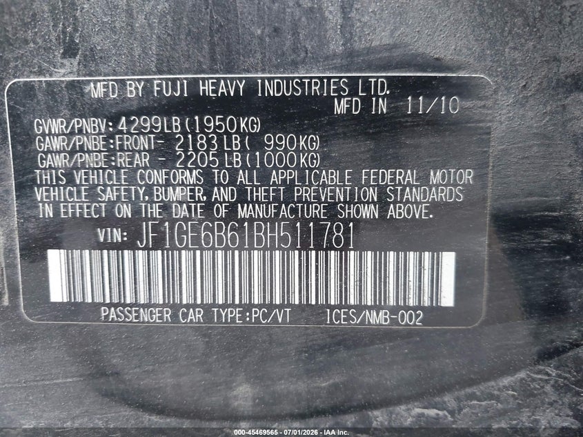 2011 Subaru Impreza VIN JF1GE6B61BH511781 IAAI salvage auction — NORMAL WEAR, Original (Vermont), sold $200 on 2026-07-30 (photo 9)