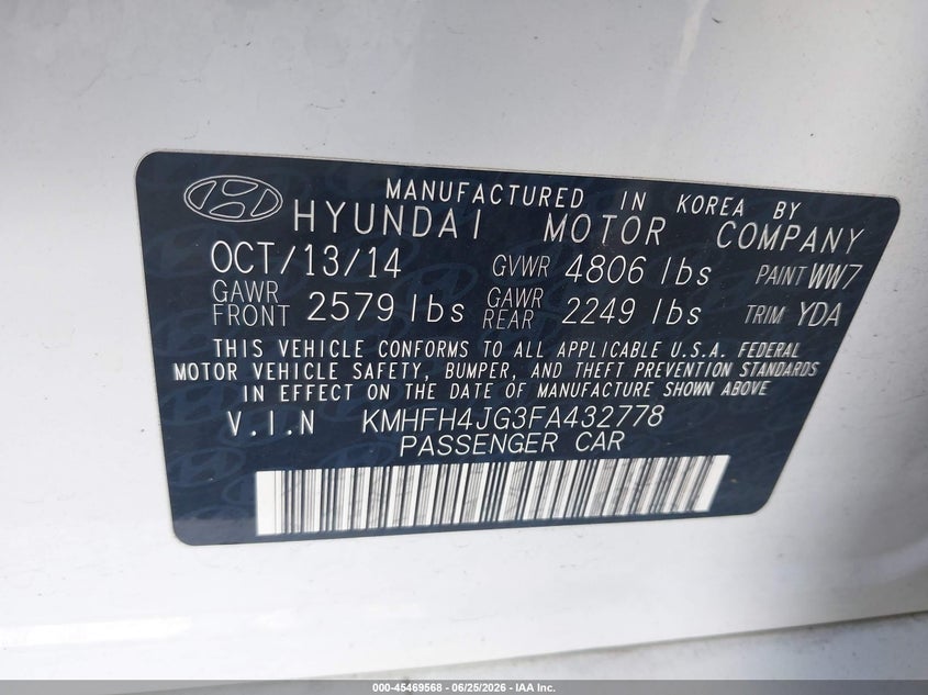 2015 Hyundai Azera VIN KMHFH4JG3FA432778 IAAI salvage auction — FRONT END, Salvage Title, sold $2,600 on 2026-07-16 (photo 9)