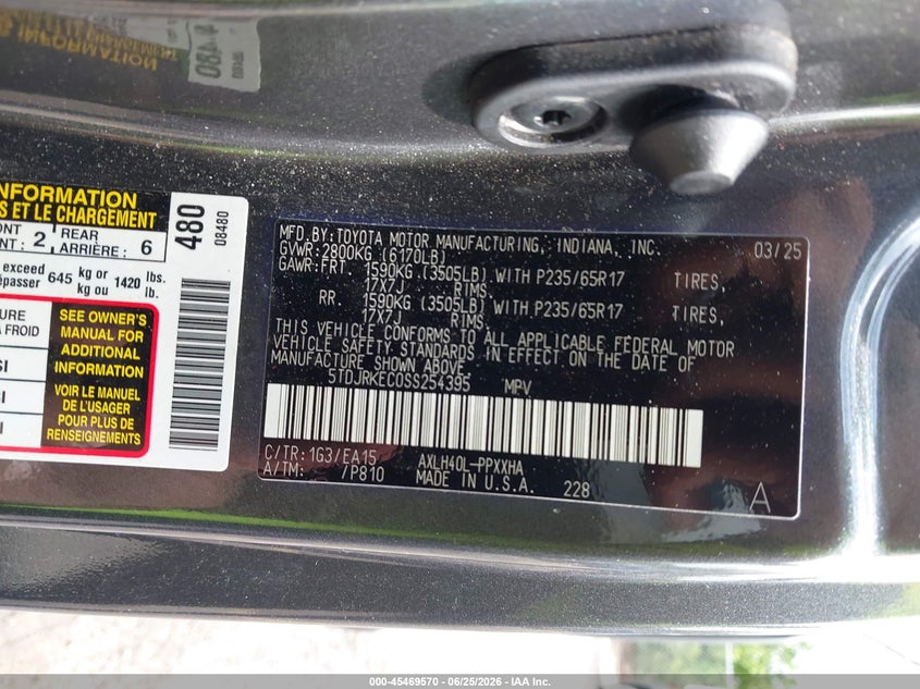 2025 Toyota Sienna VIN 5TDJRKEC0SS254395 IAAI salvage auction — FRONT & REAR, Rebuildable (Florida), sold $15,700 on 2026-07-29 (photo 9)
