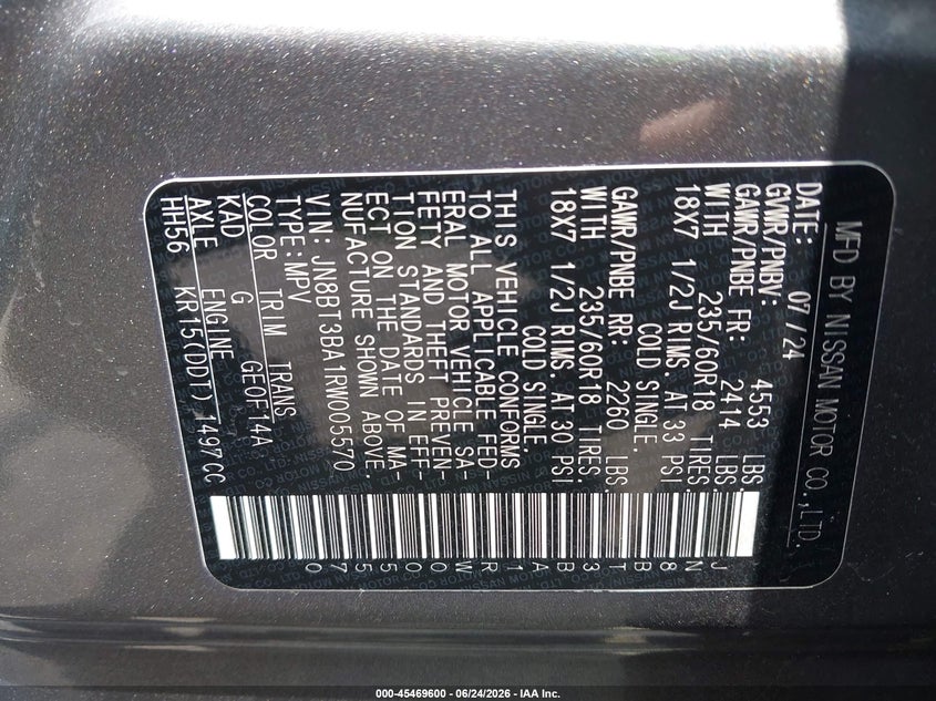 2024 Nissan Rogue VIN JN8BT3BA1RW005570 IAAI salvage auction — RIGHT FRONT, Salvage Title, sold $7,200 on 2026-07-22 (photo 9)