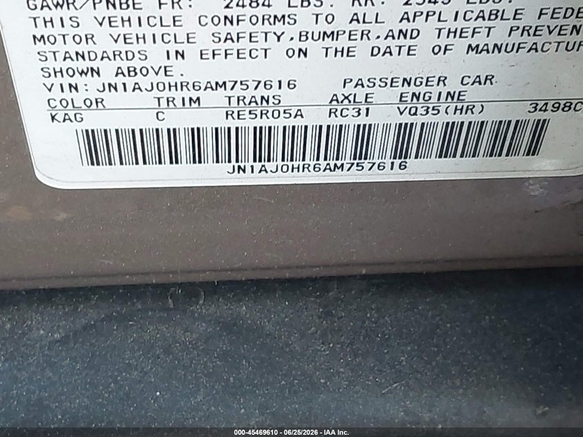 2010 Infiniti Ex35 VIN JN1AJ0HR6AM757616 IAAI salvage auction — FRONT END, Salvage (Idaho), sold $25 on 2026-07-28 (photo 9)