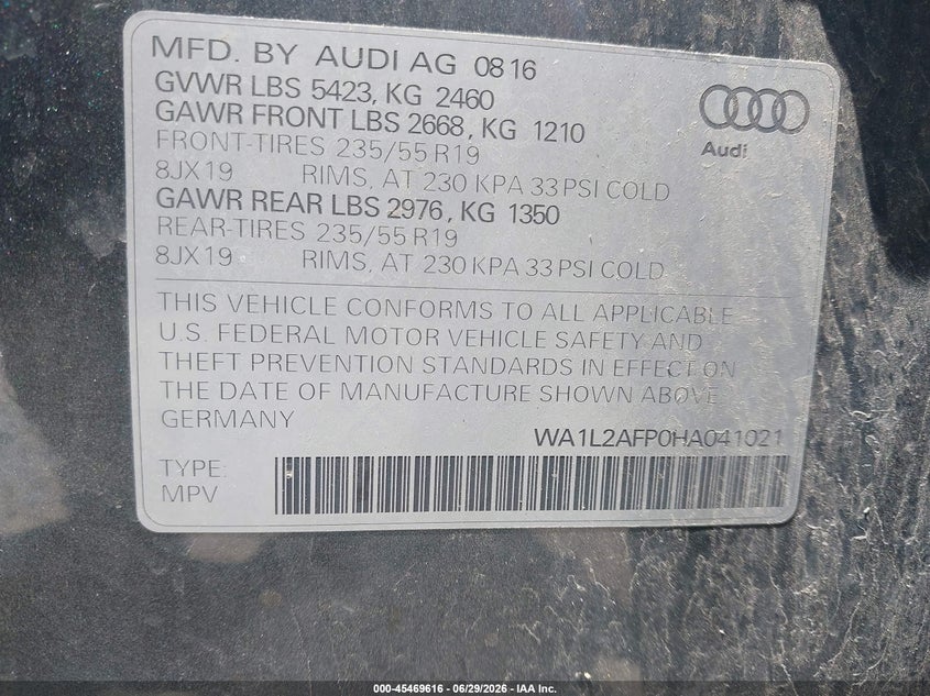 2017 Audi Q5 VIN WA1L2AFP0HA041021 IAAI salvage auction — FRONT END, Salvage (Ohio), sold $800 on 2026-07-22 (photo 9)