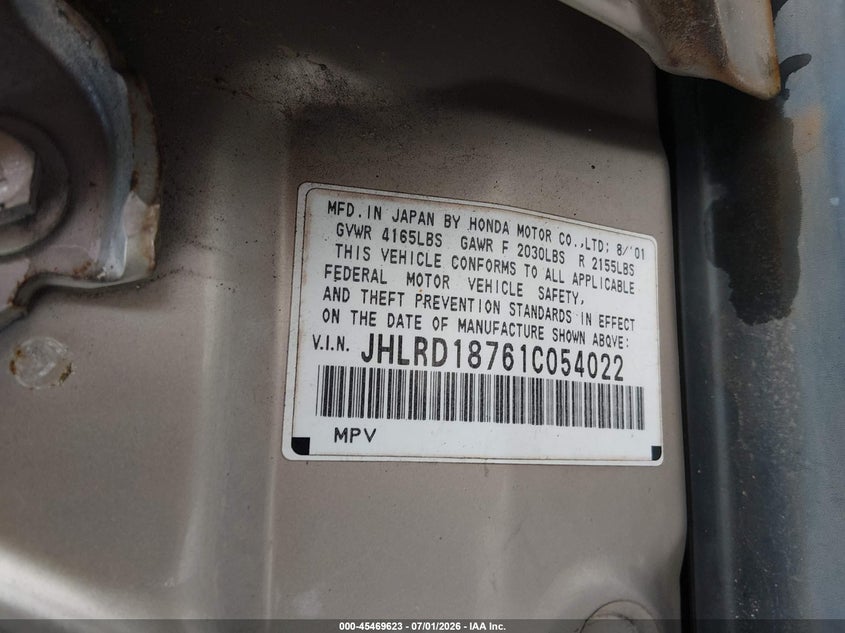 2001 Honda Cr-v VIN JHLRD18761C054022 IAAI salvage auction — NORMAL WEAR, Original (West Virginia), sold $100 on 2026-07-29 (photo 9)