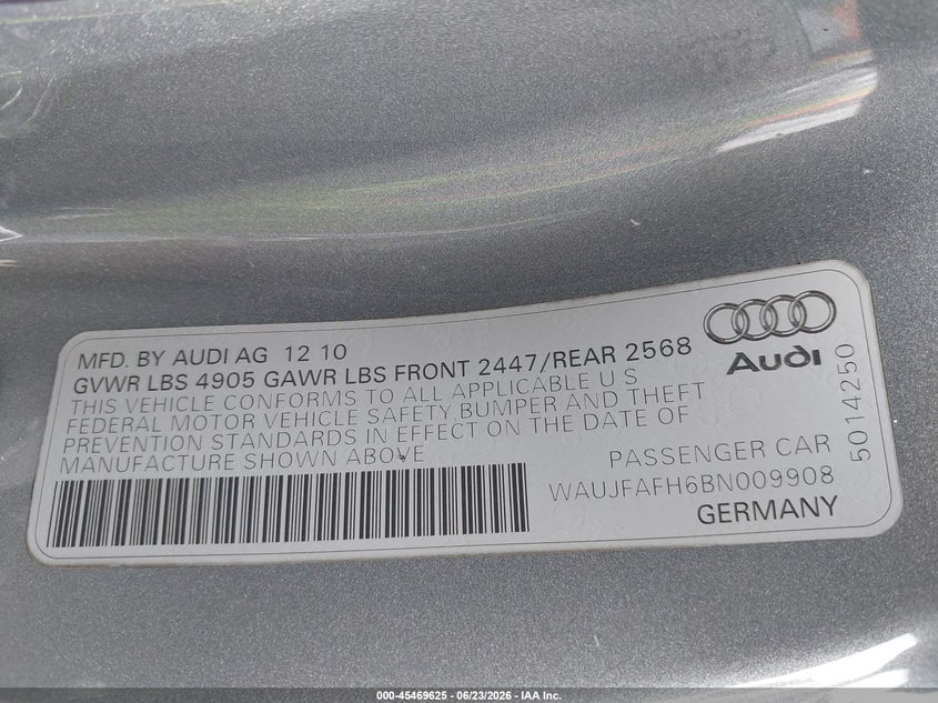 2011 Audi A5 VIN WAUJFAFH6BN009908 IAAI salvage auction — NORMAL WEAR, Salvage Title - Dealer (California), sold $375 on 2026-07-29 (photo 9)
