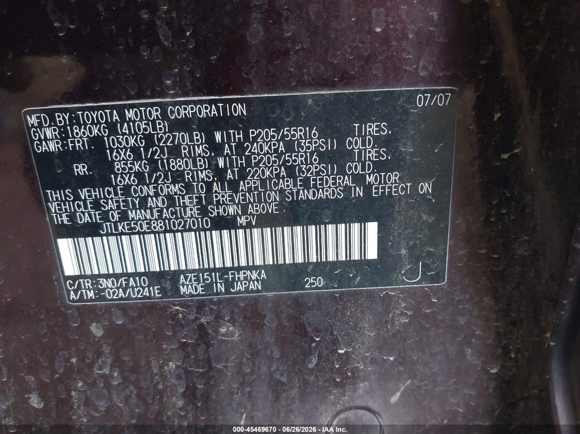 2008 Scion Xb VIN JTLKE50E881027010 IAAI salvage auction — NORMAL WEAR, Clear-Dealer Only (Arizona), sold $700 on 2026-07-14 (photo 9)