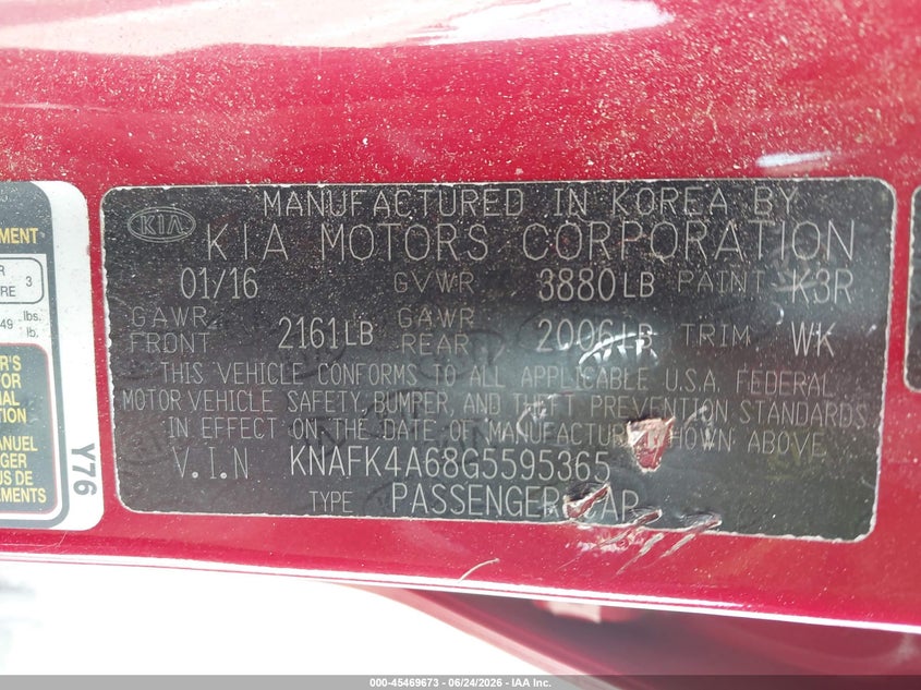 2016 Kia Forte VIN KNAFK4A68G5595365 IAAI salvage auction — NORMAL WEAR, Original (Texas), sold $975 on 2026-07-29 (photo 9)