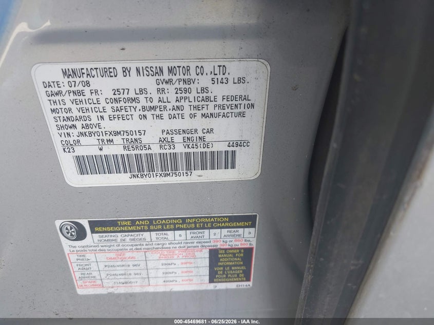 2009 Infiniti M45 VIN JNKBY01FX9M750157 IAAI salvage auction — SIDE, Bill Of Sale (New York), sold $25 on 2026-07-28 (photo 9)