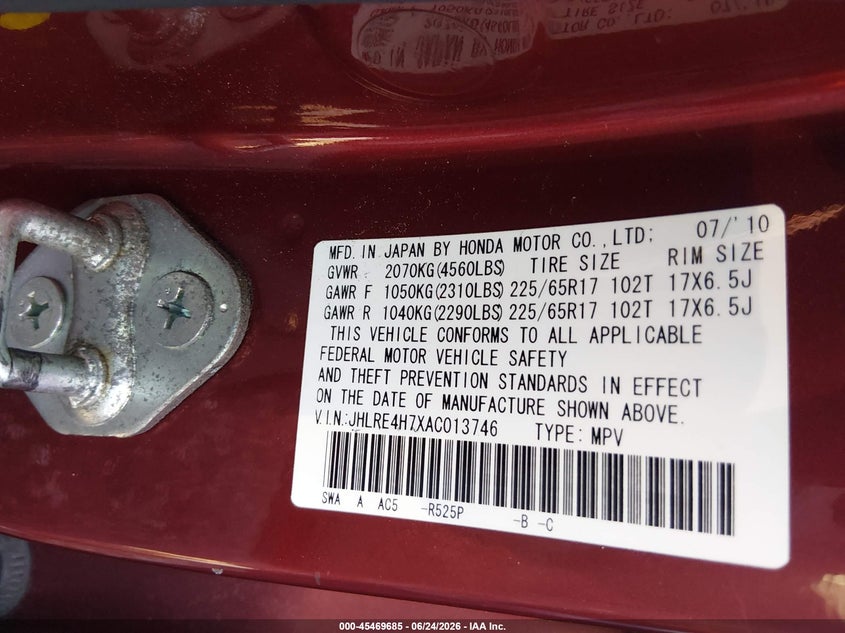 2010 Honda Cr-v VIN JHLRE4H7XAC013746 IAAI salvage auction — LEFT FRONT, Bill Of Sale (New York), sold $50 on 2026-07-28 (photo 9)