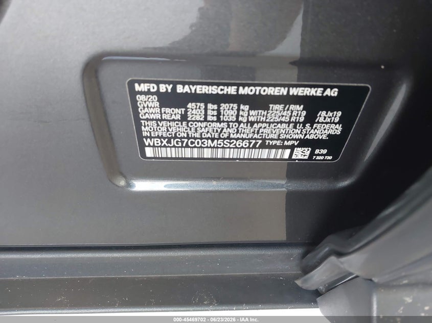 2021 BMW X1 VIN WBXJG7C03M5S26677 IAAI salvage auction — RIGHT REAR, Salvage Title, sold $5,300 on 2026-07-29 (photo 9)