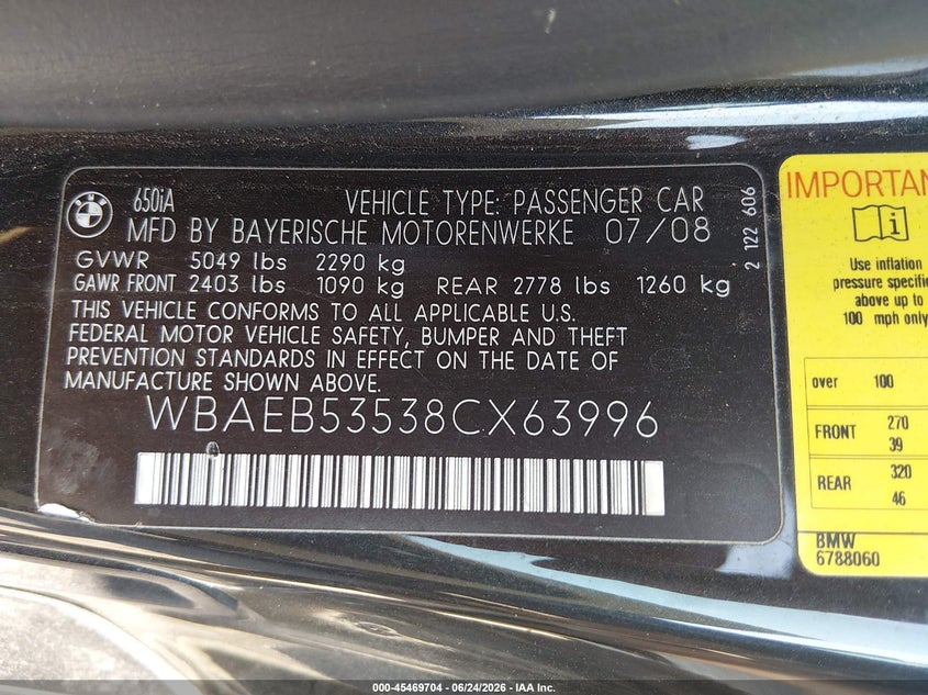 2008 BMW 6 series VIN WBAEB53538CX63996 IAAI salvage auction — RIGHT REAR, Clear (Tennessee), sold $1,500 on 2026-07-30 (photo 9)