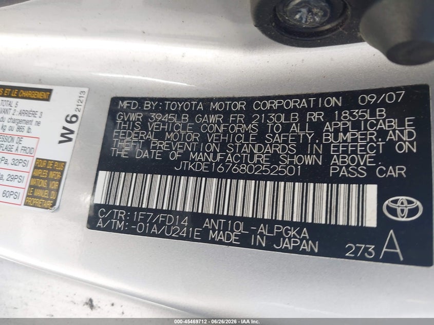 2008 Scion Tc VIN JTKDE167680252501 IAAI salvage auction — FRONT END, Salvage (Georgia), sold $25 on 2026-07-29 (photo 9)