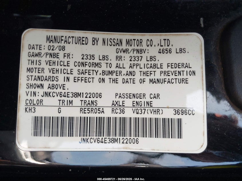 2008 Infiniti G37 VIN JNKCV64E38M122006 IAAI salvage auction — FRONT END, Mv-907A (New York), sold $425 on 2026-07-14 (photo 9)