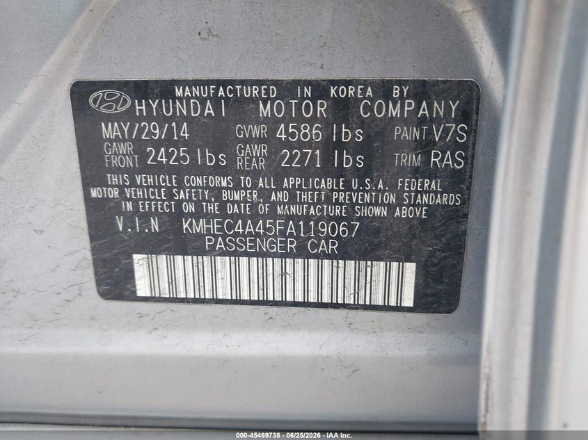 2015 Hyundai Sonata VIN KMHEC4A45FA119067 IAAI salvage auction — FRONT END, Salvage (Pennsylvania), sold $500 on 2026-07-22 (photo 9)