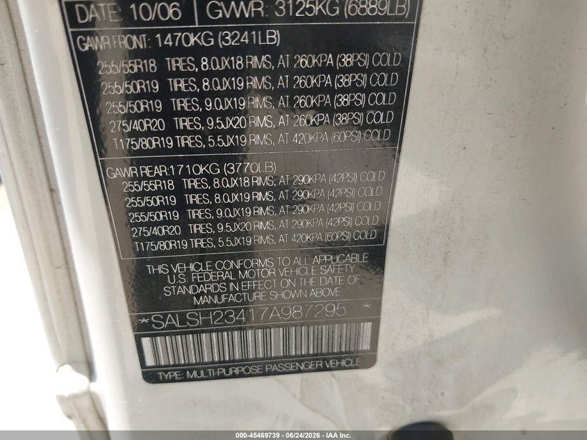 2007 Land rover Range rover sport VIN SALSH23417A987295 IAAI salvage auction — FRONT END, Salvage (California), sold $125 on 2026-07-08 (photo 9)