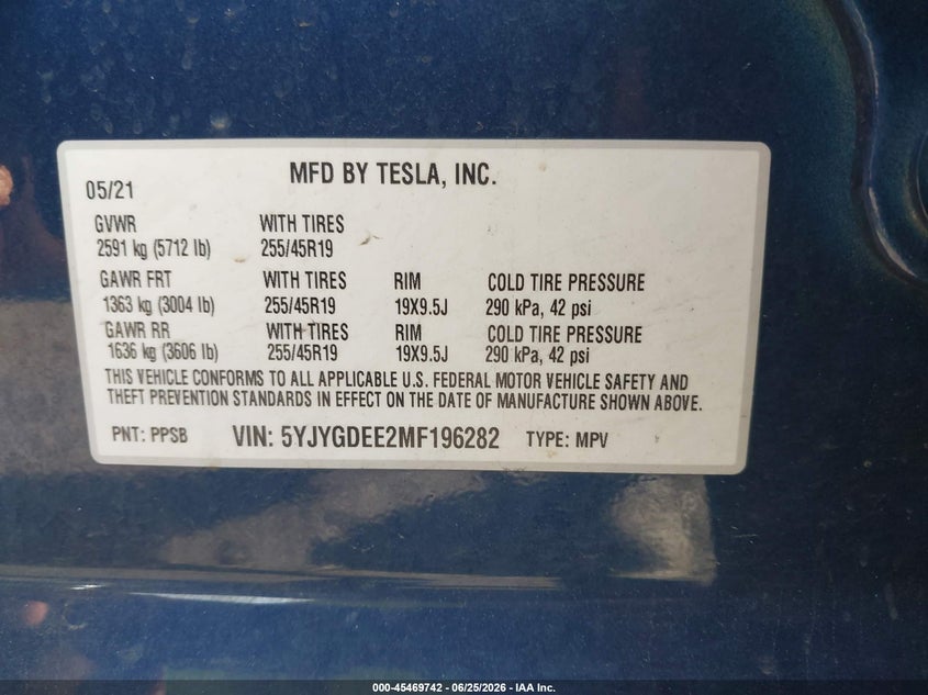 2021 Tesla Model y VIN 5YJYGDEE2MF196282 IAAI salvage auction — REAR END, Salvage (Idaho), sold $8,200 on 2026-07-11 (photo 9)