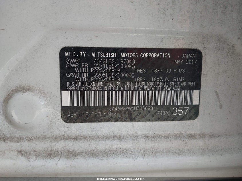 2017 Mitsubishi Outlander VIN JA4AP3AW4HZ056934 IAAI salvage auction — RIGHT REAR, Salvage Title, sold $1,500 on 2026-09-20 (photo 9)