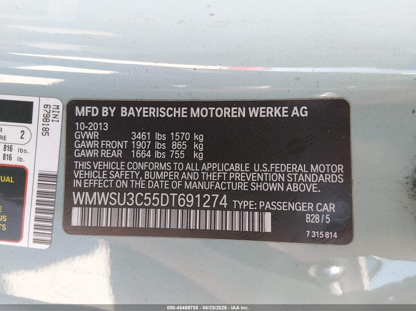 2013 Mini Hard top VIN WMWSU3C55DT691274 IAAI salvage auction — LEFT FRONT, Salvage (California), sold $500 on 2026-07-05 (photo 9)
