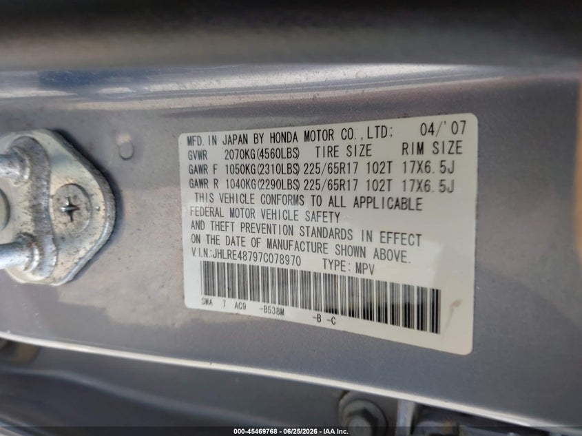 2007 Honda Cr-v VIN JHLRE48797C078970 IAAI salvage auction — FRONT END, Salvage (Pennsylvania), sold $1,450 on 2026-07-21 (photo 9)